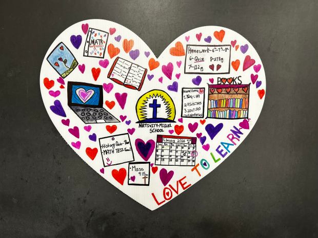 A large valentine heart featuring artwork by students of the Nativity Miguel school that Frank Dubas will put on display with other hearts outside of the Everhart Museum in Scranton. (PHOTO PROVIDED / COURTESY OF FRANK DUBAS)