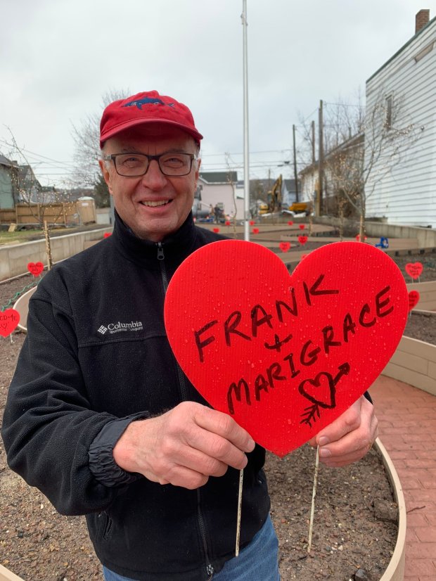 Frank Dubas shows his valentine heart on Jan. 24, 2023. His nonprofit Garden of Cedar community lot at 715 Cedar Ave. in Scranton will again "plant" red hearts in raised beds for Valentine's Day, after doing the display in 2023 and 2024. (JIM LOCKWOOD / STAFF PHOTO)