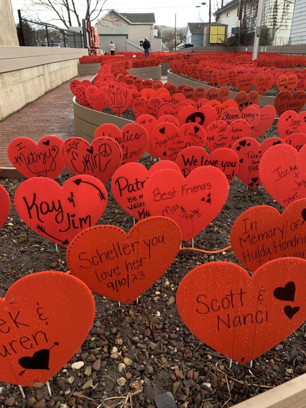 Scranton has heart. The nonprofit Garden of Cedar community lot in South Side makes a colorful streetscape splash with its third annual Valentine's Day display.The property at 715 Cedar Ave. in South Scranton, a project of city resident Frank Dubas, is bedecked with large red hearts on Thursday. (JIM LOCKWOOD / STAFF PHOTO)