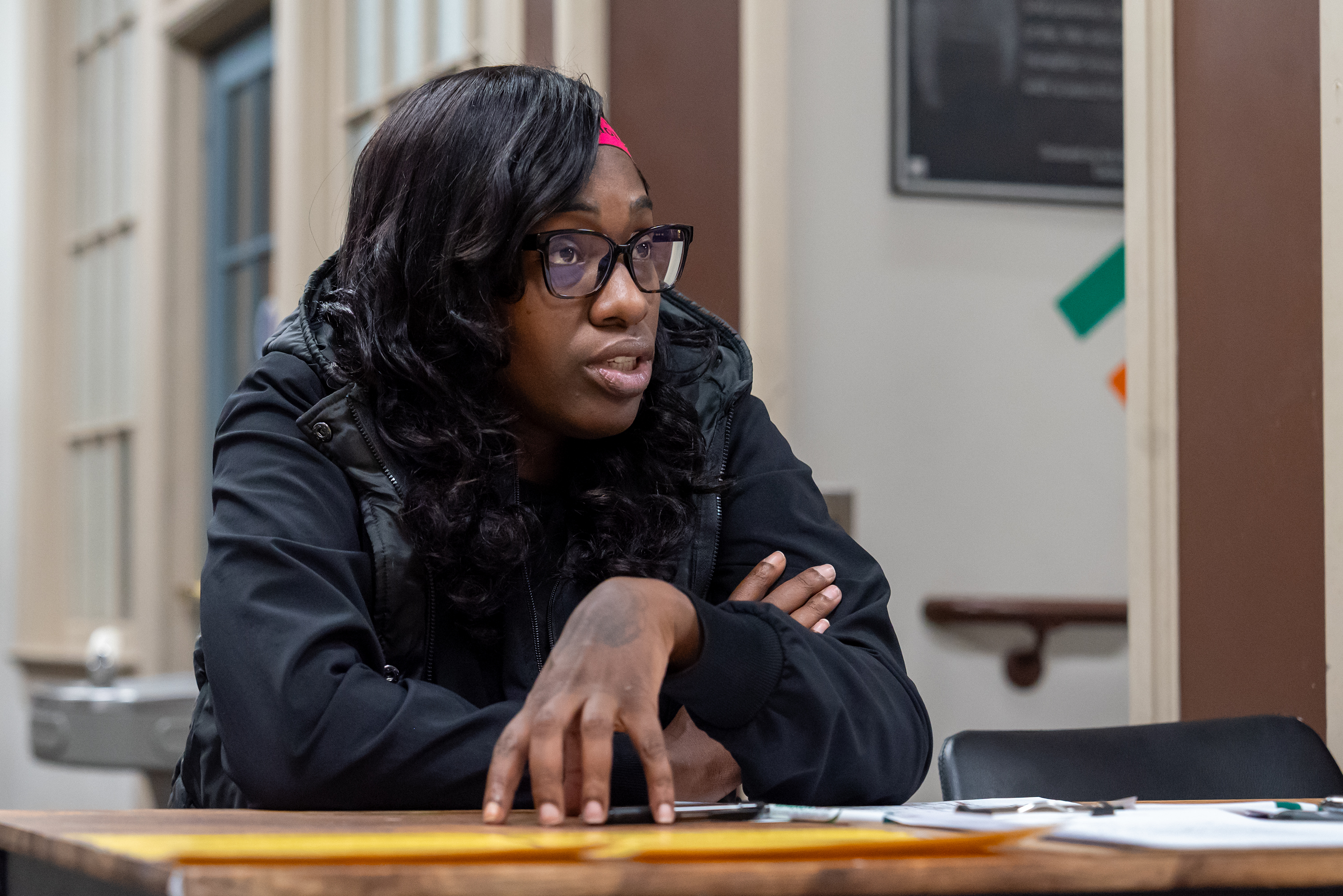 Staff member Caroline Merchant talks to the Scranton Times-Tribune while...