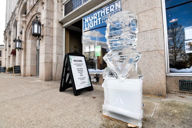 An ice sculpture is set up outside of Northern Light Espresso Bar and Cafe in downtown Scranton for the city's Downtown on Ice Festival this weekend Friday, January 16, 2026. (SEAN MCKEAG / STAFF PHOTOGRAPHER)