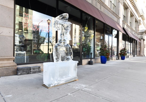 An ice sculpture is set up outside of Mutant Brewing in downtown Scranton for the city's Downtown on Ice Festival this weekend Friday, January 16, 2026. (SEAN MCKEAG / STAFF PHOTOGRAPHER)