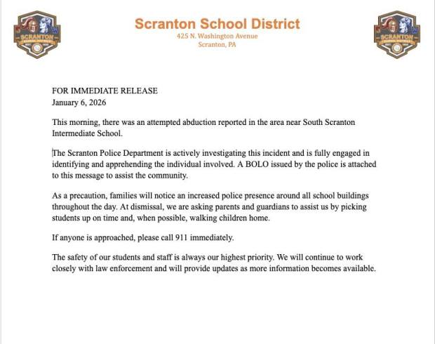 Note issued by the Scranton School District Monday morning.