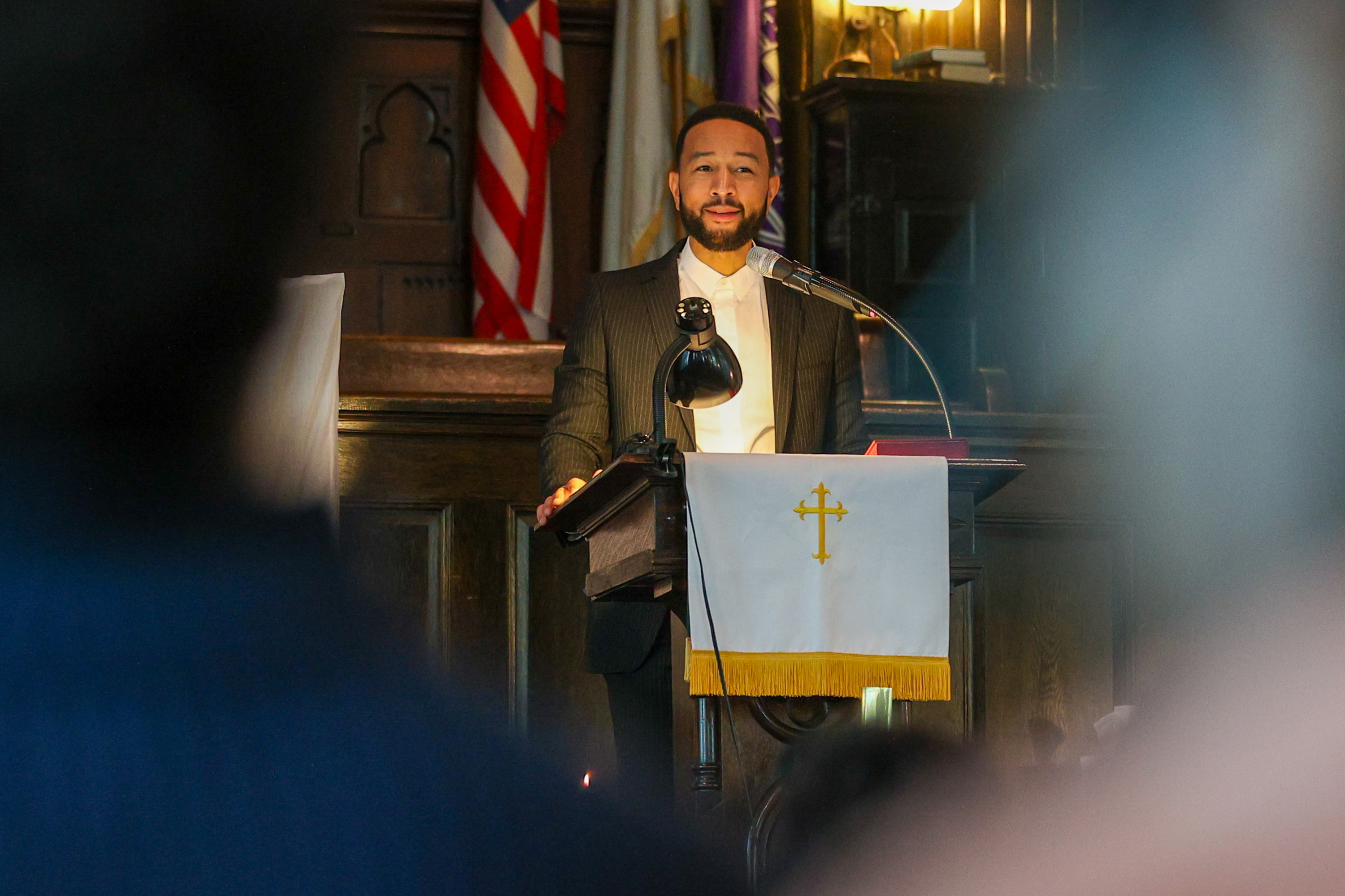 John Legend speaks during Sunday worship at Bethel AME Church...