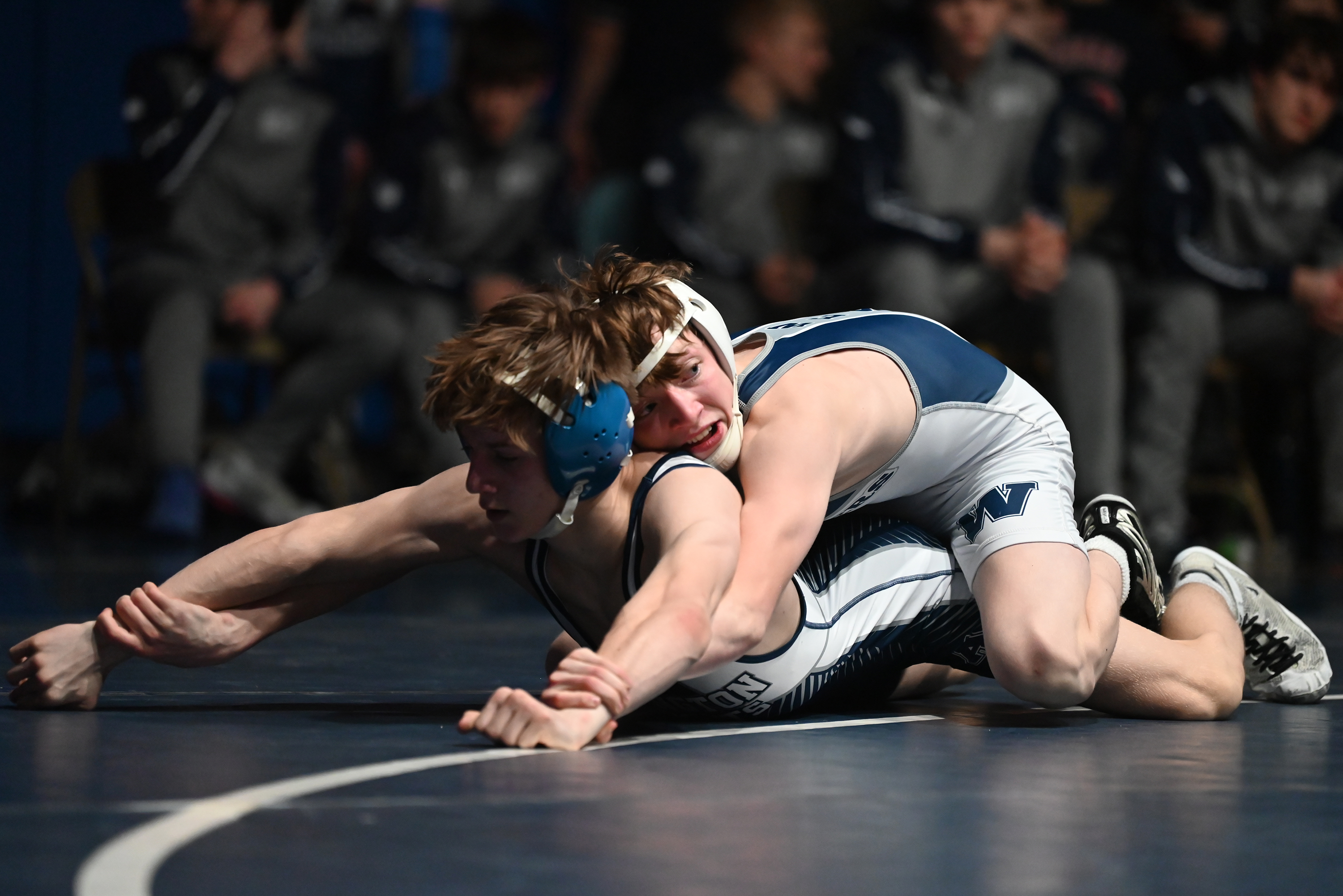 West Scranton’s Jullian LaGier, top, and Abington Heights’ Lucas Kareha...