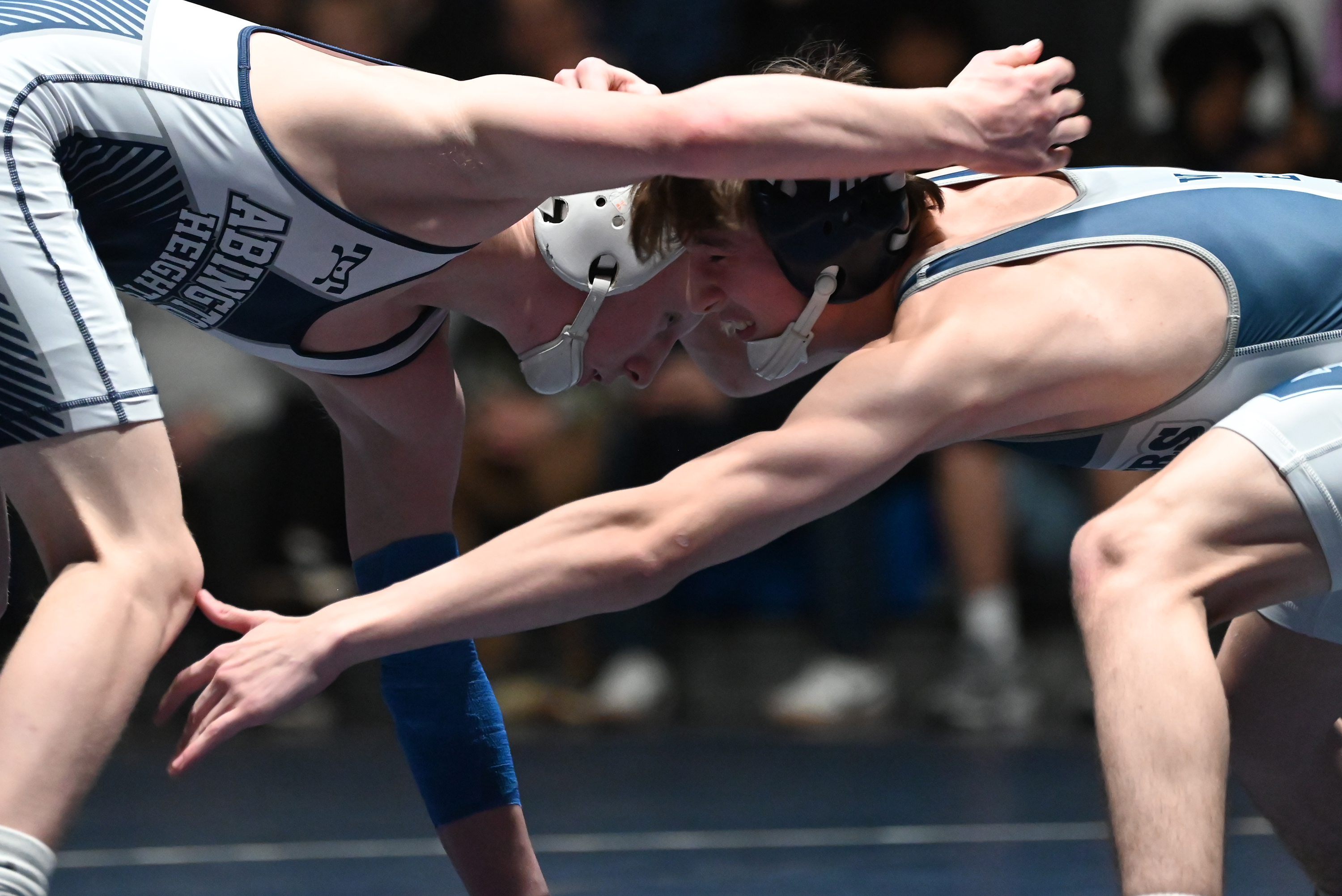 Abington Heights’ Dakota Sandy, left, and West Scranton’s Santino Aniska...
