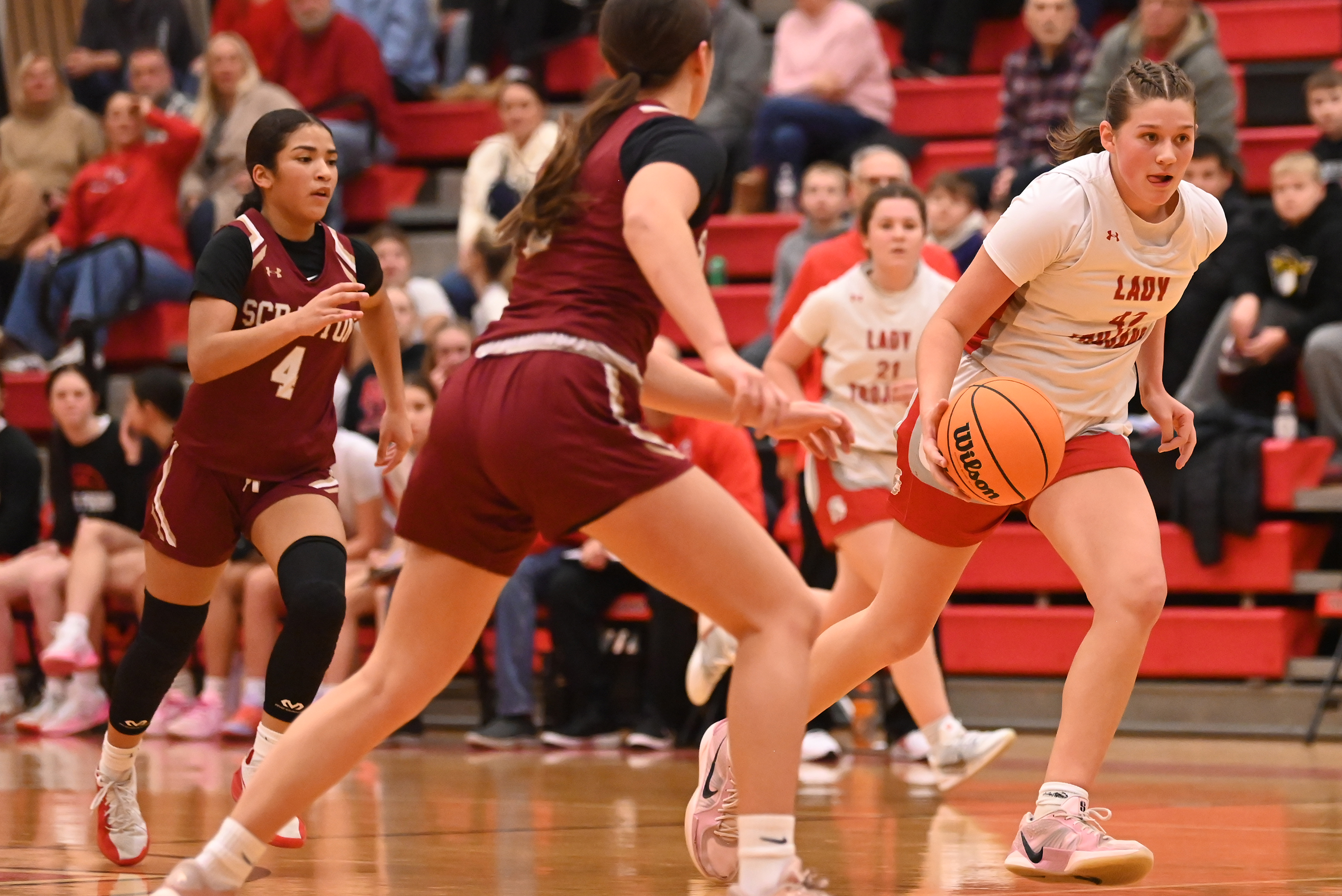North Pocono’s Anna Clementoni moves the ball during the basketball...