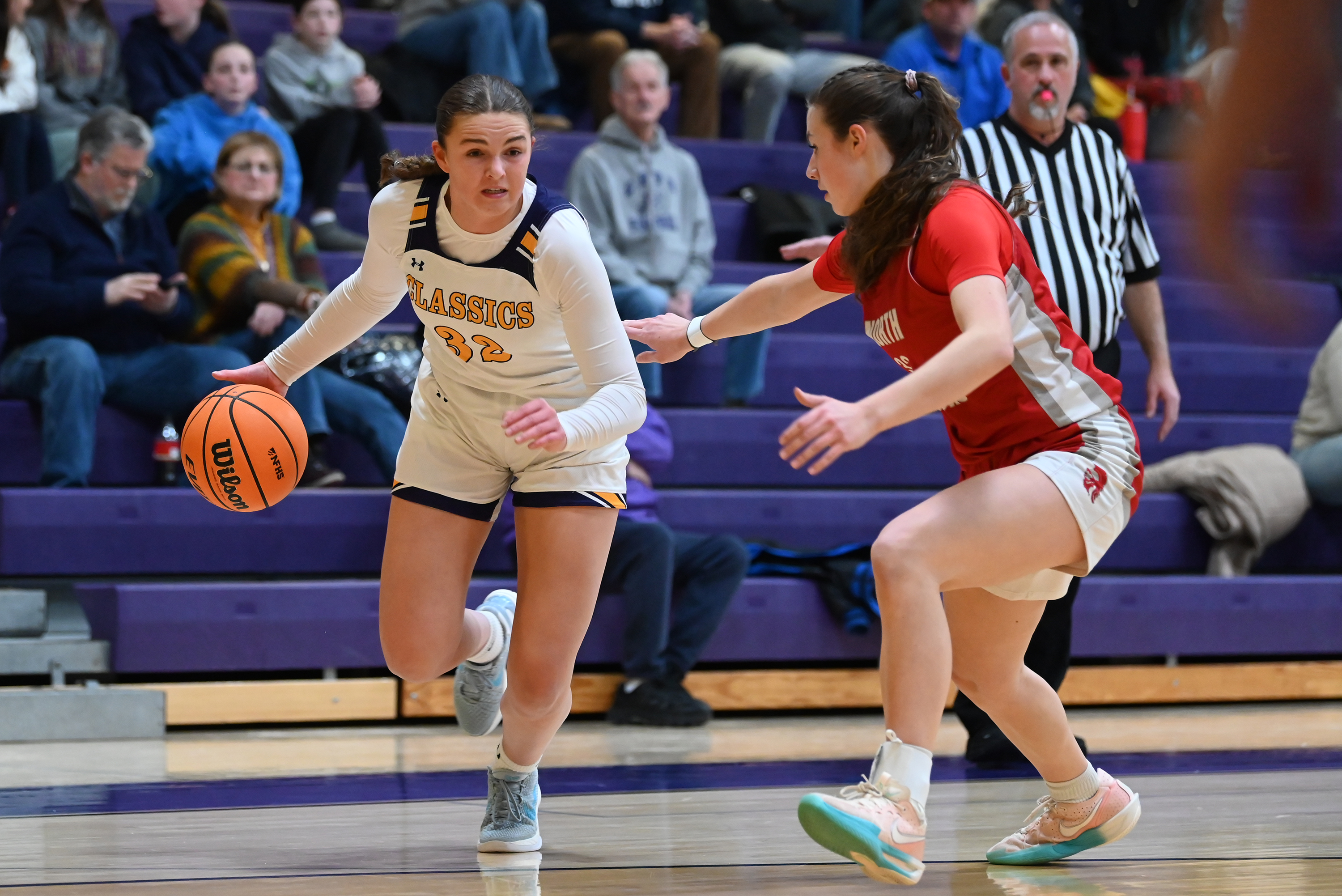North Pocono’s Celia DeCesare defends Scranton Prep’s Chloe Mamera during...