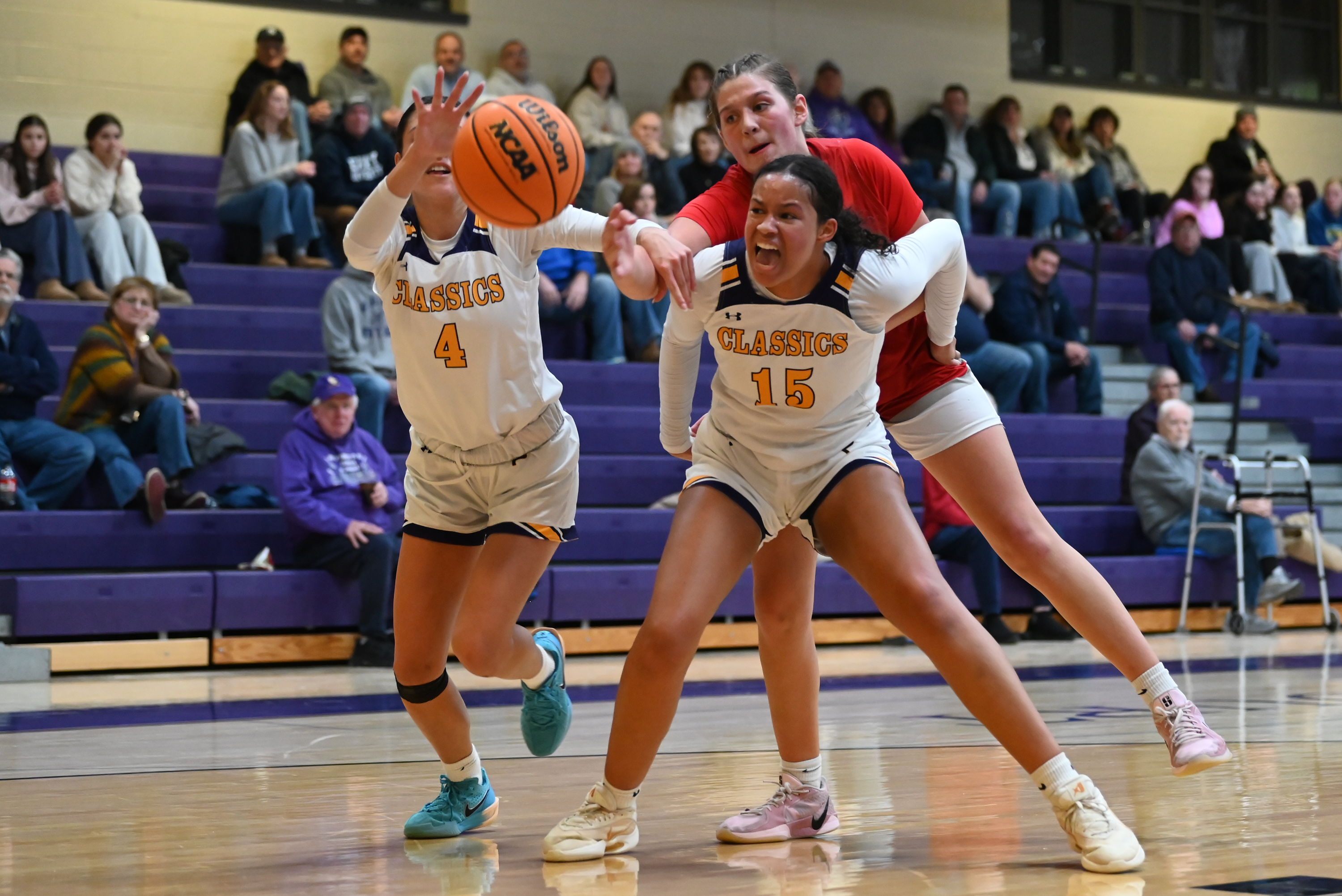 Scranton Prep’s Kamyl Lynady (15) boxes out North Pocono’s Anna...