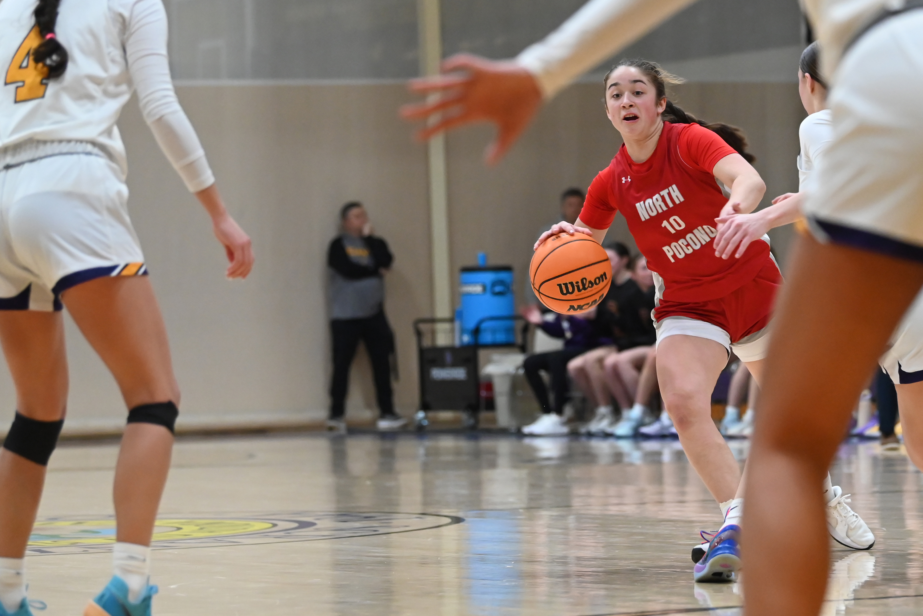 North Pocono’s Ella Clementoni moves the ball during the basketball...