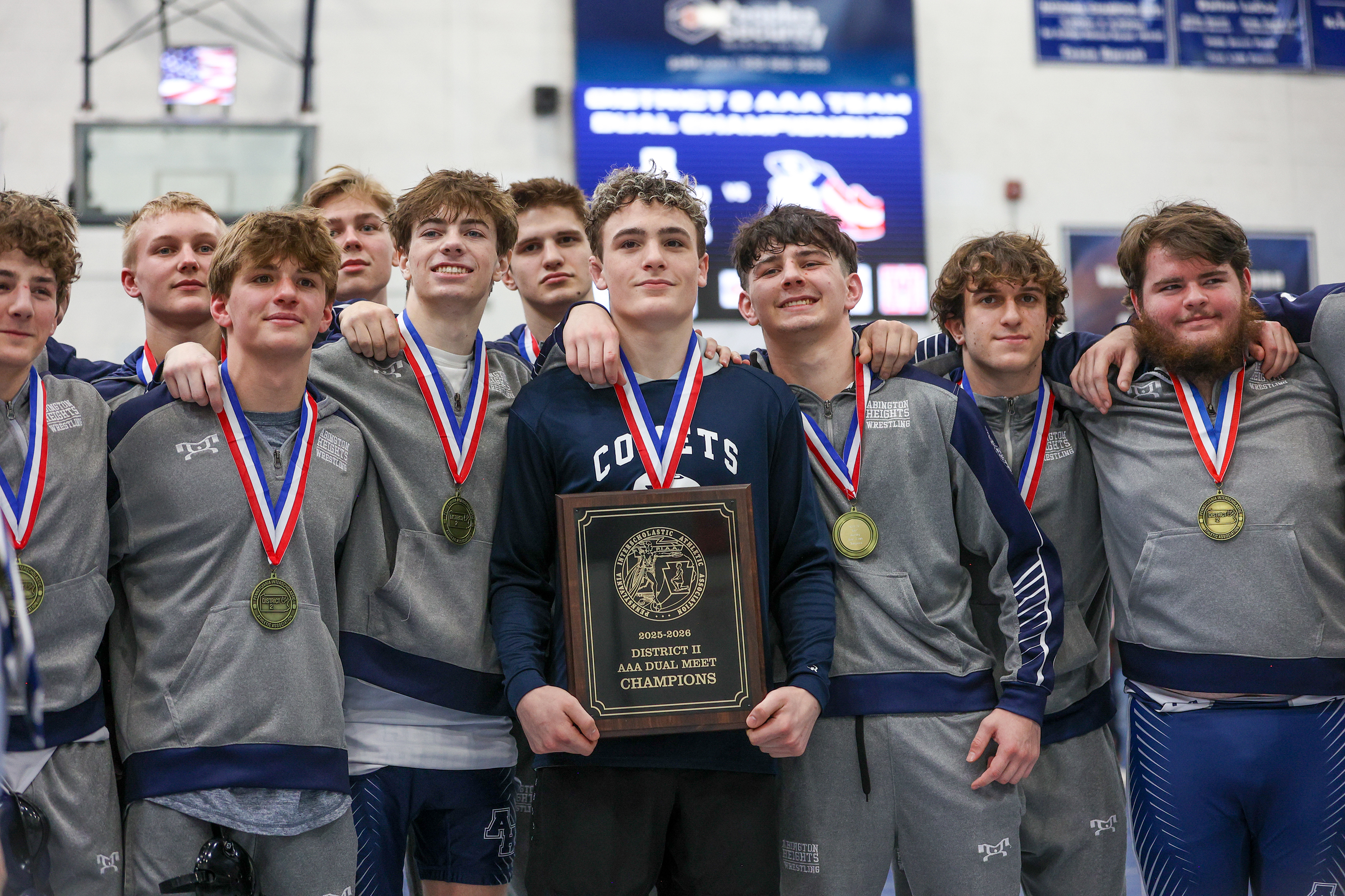Abington Heights celebrates after defeating Pittston Area in the District...