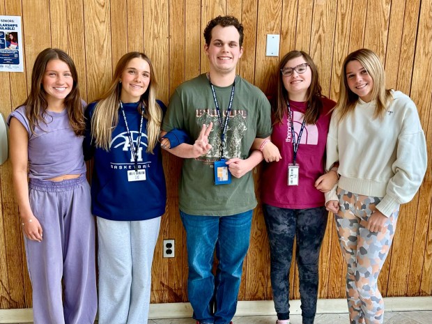 The current top Polar Plunge fundraisers at Abington Heights High School are Kenadi Lotz, Ella Musgrave, Kale Bonnewell, Maddie Rowlands and Addy Ryan. Bonnewell is a sophomore. The others are juniors. (COURTESY OF ABINGTON HEIGHTS HIGH SCHOOL)