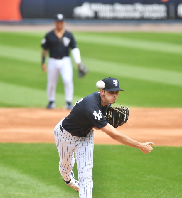 Railriders' Allan Winans releases a pitch during the game against Lehigh Valley at PNC Field in Moosic on Wednesday, Sept. 10, 2025. (SEAN MCKEAG / STAFF PHOTOGRAPHER)