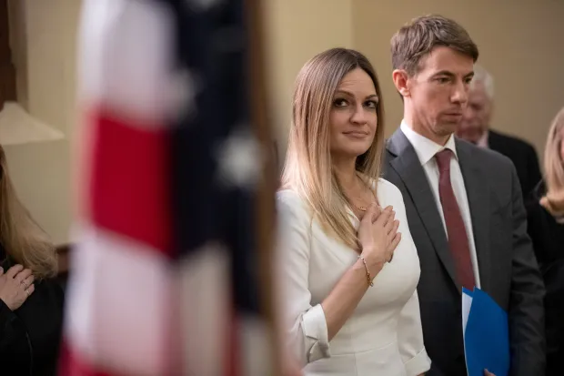 Scranton Mayor Paige Cognetti and her husband, Ryan, during her inauguration at Scranton City Hall in January of 2020. (TIMES-TRIBUNE / FILE PHOTO)