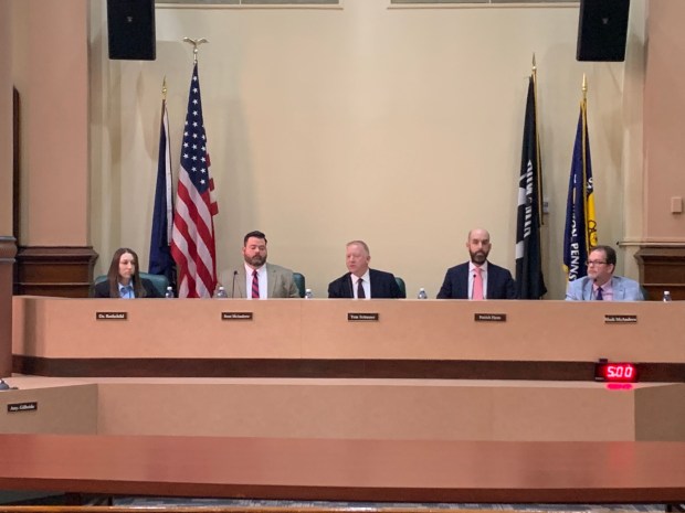 The new Scranton City Council on Jan. 5, 2026, from left, Jessica Rothchild, Sean McAndrew, Tom Schuster, Patrick Flynn and Mark McAndrew. (JIM LOCKWOOD / STAFF PHOTO)