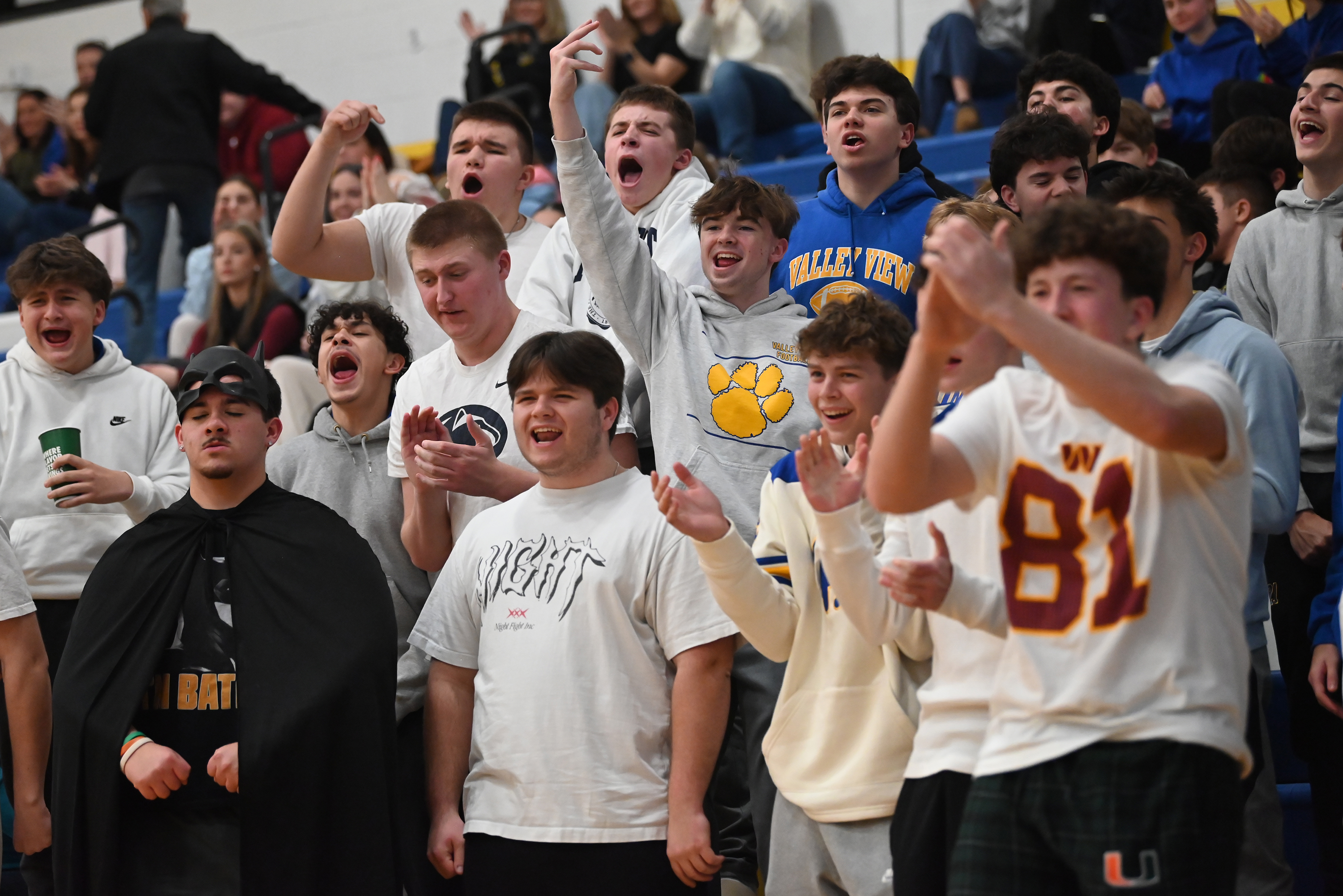 Valley View fans cheer on their team during the basketball...