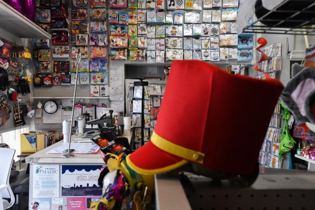 Various types of balloons hang on the wall of Taney's Costume Shop in Scranton Monday, January 19, 2026. (SEAN MCKEAG / STAFF PHOTOGRAPHER)