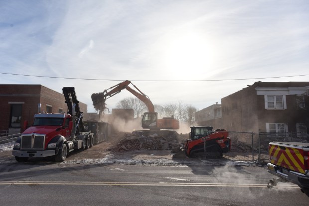 Crews work on the demolition of the West Side Hotel in West Scranton Wednesday, January 21, 2026. (SEAN MCKEAG / STAFF PHOTOGRAPHER)