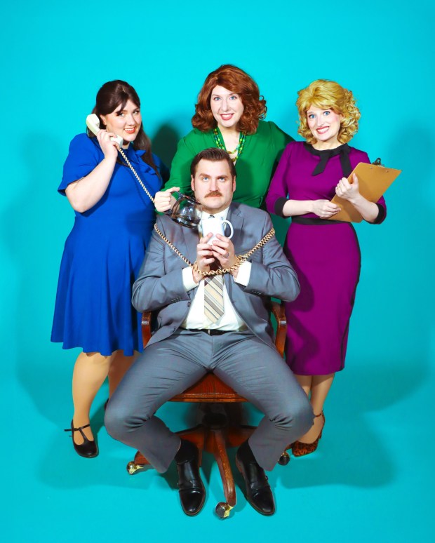 Elisabeth Spencer, Amanda Reese, Cate McDonald and Mike Wawrzynek star in "9 to 5: The Musical," opening Friday, Jan. 30, 2026, at Music Box Players in Swoyersville. (Courtesy Music Box Players)