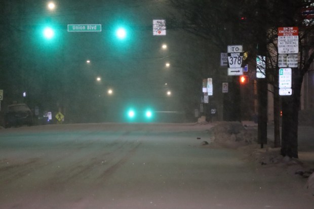 Snow falls early Sunday, Jan. 25, 2026, on Linden Street in Bethlehem as a major snowstorm moved into the area. (Rich Rolen/Special to The Morning Call)