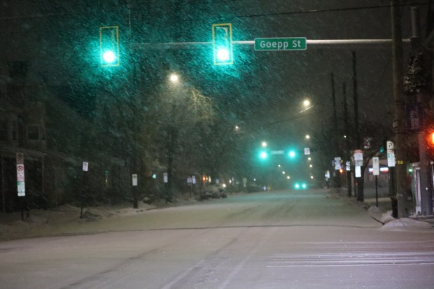 Snow falls early Sunday, Jan. 25, 2026, on Linden Street in Bethlehem as a major snowstorm moved into the area. (Rich Rolen/Special to The Morning Call)