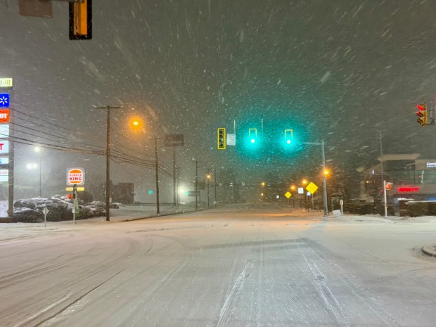 Snow falls early Sunday, Jan. 25, 2026, on Linden Street in Bethlehem as a major snowstorm moved into the area. (Rich Rolen/Special to The Morning Call)