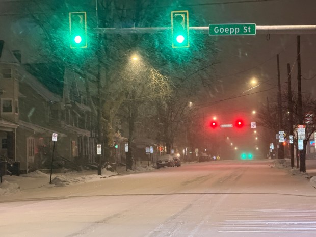 Snow falls early Sunday, Jan. 25, 2026, on Linden Street in Bethlehem as a major snowstorm moved into the area. (Rich Rolen/Special to The Morning Call)