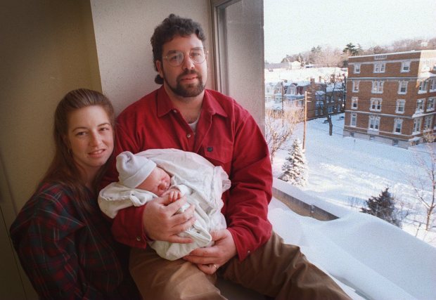 It took Kare and Rob Scott of Nesquehoning more than 3 hours to get to Lehigh Valley Hospital at 17th and Chew streets in Allentown, where their son Gabriel was born during the blizzard of 1996. (Naomi Halperin/The Morning Call)