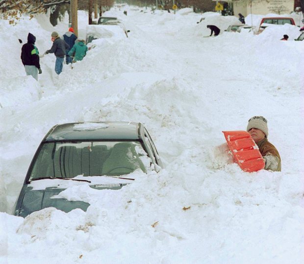 Remember Jan. 8, 1996? In a photo that appeared in The Morning Call's Blizzard of '96 special edition, Joanne York digs her car out on that day on Juniper Street in Quakertown. (Douglas Benedict/The Morning Call)