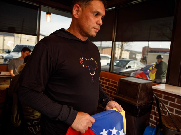 Felix Seijas of Allentown joins local Venezuelans on Saturday, Jan. 3, 2026, at La Bicicleta Arepa Bar in Allentown to celebrate the oust of President Maduro. (Jane Therese/Special to The Morning Call)