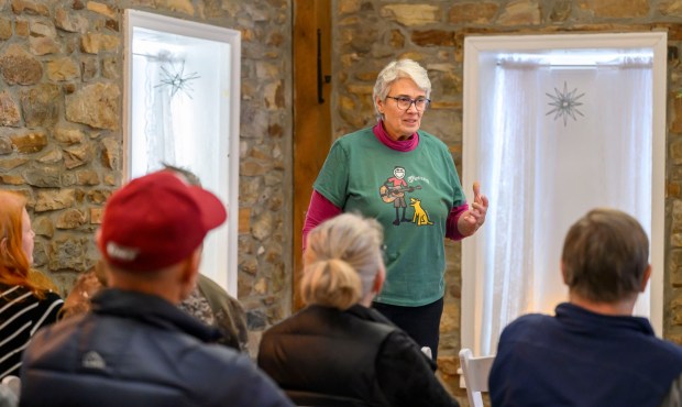 Vivian Demko, member of the Hellertown Historical Society, introduces videos featuring historic locations in Hellertown on Tuesday, Jan. 13, 2026, during Movies at the Mill at The Tavern Room in Hellertown. The six videos, made with a donation from the Martin Guitar Foundation, included ones about the Clock Tower, Stern's Market and The Sauconia/The Movies. A second set of six videos will debut at 6:30 p.m. Feb. 2 and 1 p.m. Feb. 3. (April Gamiz/The Morning Call)