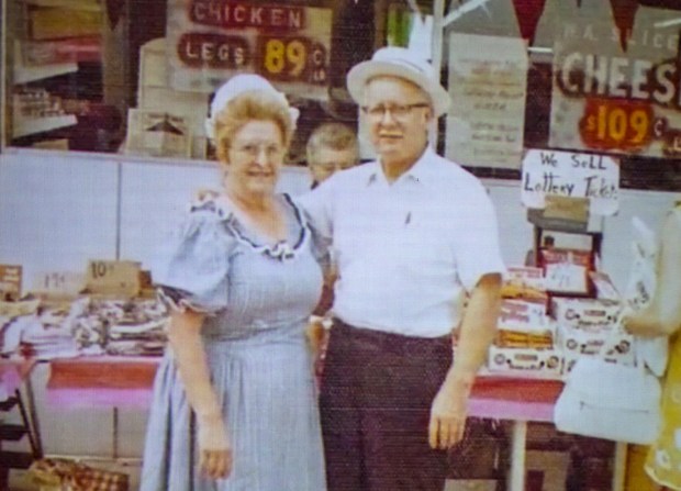 A photograph taken from a series of videos featuring historic locations in Hellertown depicts Wanda and Leo Stern, owners of Stern's Market, on Tuesday, Jan. 13, 2026, during Movies at the Mill at The Tavern Room in Hellertown. The six videos, made with a donation from the Martin Guitar Foundation, included ones about the Clock Tower, Stern's Market and The Sauconia/The Movies. A second set of six videos will debut at 6:30 p.m. Feb. 2 and 1 p.m. Feb. 3. (April Gamiz/The Morning Call)