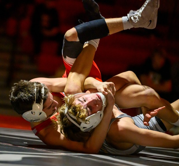 Saucon Valley's Dominic D'Ambola wrestles Northwestern Lehigh's Logan Heeps in the 107-pound weight class Wednesday, Jan. 14, 2026, at Saucon Valley High School gym. (April Gamiz/The Morning Call)