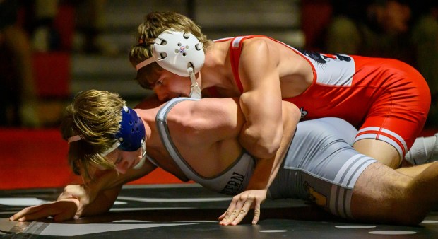 Saucon Valley's Mason Wenhold wrestles Northwestern Lehigh's Adam Griffith in the 133-pound weight class Wednesday, Jan. 14, 2026, at Saucon Valley High School gym. (April Gamiz/The Morning Call)
