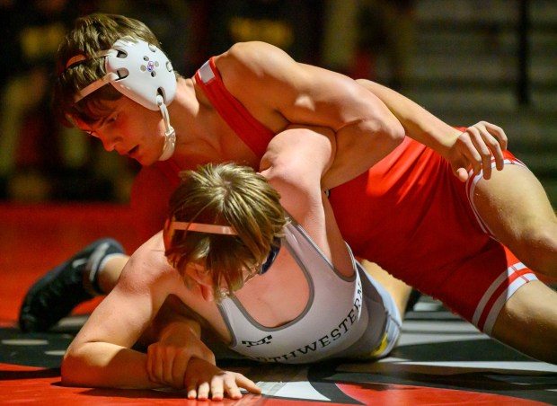 Saucon Valley's Mason Wenhold wrestles Northwestern Lehigh's Adam Griffith in the 133-pound weight class Wednesday, Jan. 14, 2026, at Saucon Valley High School gym. (April Gamiz/The Morning Call)