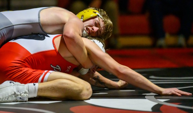 Saucon Valley's Mason Wenhold wrestles Northwestern Lehigh's Adam Griffith in the 133-pound weight class Wednesday, Jan. 14, 2026, at Saucon Valley High School gym. (April Gamiz/The Morning Call)