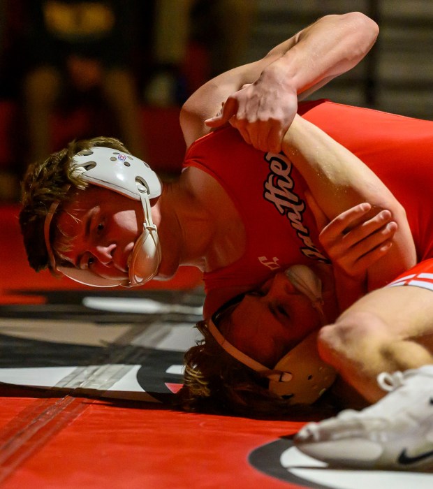 Saucon Valley's Mason Wenhold wrestles Northwestern Lehigh's Adam Griffith in the 133-pound weight class Wednesday, Jan. 14, 2026, at Saucon Valley High School gym. (April Gamiz/The Morning Call)