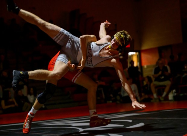 Saucon Valley's Zach Rygiel wrestles Northwestern Lehigh's Noah Griffith in the 139-pound weight class Wednesday, Jan. 14, 2026, at Saucon Valley High School gym. (April Gamiz/The Morning Call)