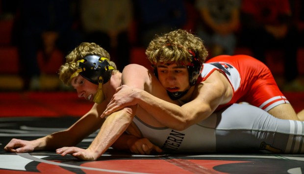 Saucon Valley's Zach Rygiel wrestles Northwestern Lehigh's Noah Griffith in the 139-pound weight class Wednesday, Jan. 14, 2026, at Saucon Valley High School gym. (April Gamiz/The Morning Call)