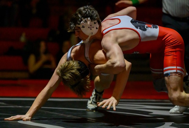 Saucon Valley's Mack Santoro wrestles Northwestern Lehigh's Liam Scanlon in the 145-pound weight class Wednesday, Jan. 14, 2026, at Saucon Valley High School gym. (April Gamiz/The Morning Call)