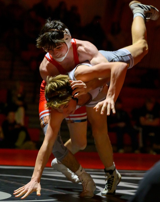Saucon Valley's Mack Santoro wrestles Northwestern Lehigh's Liam Scanlon in the 145-pound weight class Wednesday, Jan. 14, 2026, at Saucon Valley High School gym. (April Gamiz/The Morning Call)