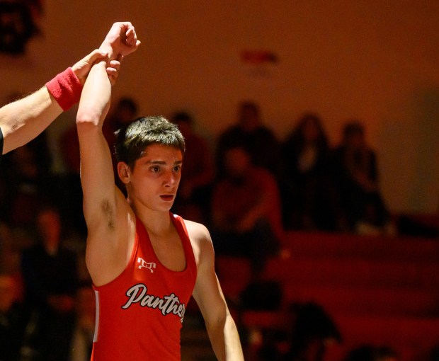 Saucon Valley's Dominic D'Ambola wrestles Northwestern Lehigh's Logan Heeps in the 107-pound weight class Wednesday, Jan. 14, 2026, at Saucon Valley High School gym. (April Gamiz/The Morning Call)