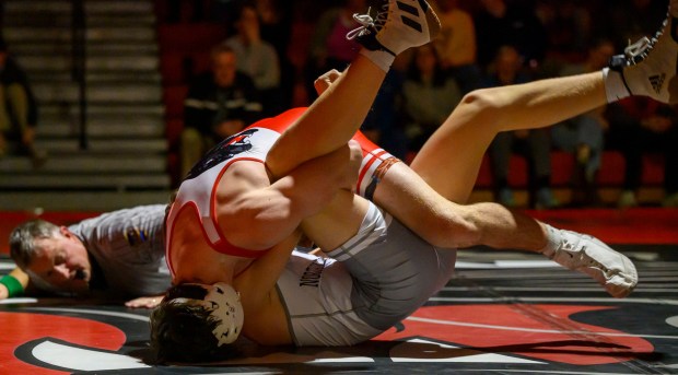 Saucon Valley's Mack Santoro wrestles Northwestern Lehigh's Liam Scanlon in the 145-pound weight class Wednesday, Jan. 14, 2026, at Saucon Valley High School gym. (April Gamiz/The Morning Call)