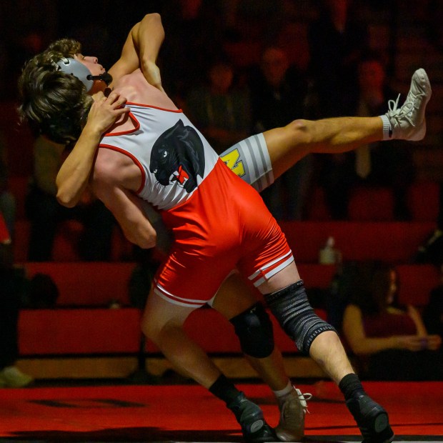Saucon Valley's Ashton Beckowski wrestles Northwestern Lehigh's Braydon Uricchio in the 152-pound weight class Wednesday, Jan. 14, 2026, at Saucon Valley High School gym. (April Gamiz/The Morning Call)
