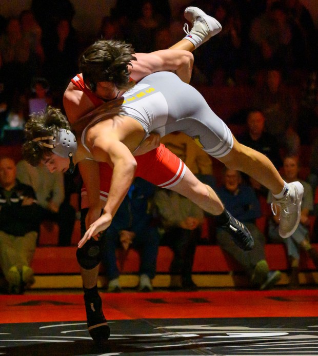 Saucon Valley's Ashton Beckowski wrestles Northwestern Lehigh's Braydon Uricchio in the 152-pound weight class Wednesday, Jan. 14, 2026, at Saucon Valley High School gym. (April Gamiz/The Morning Call)