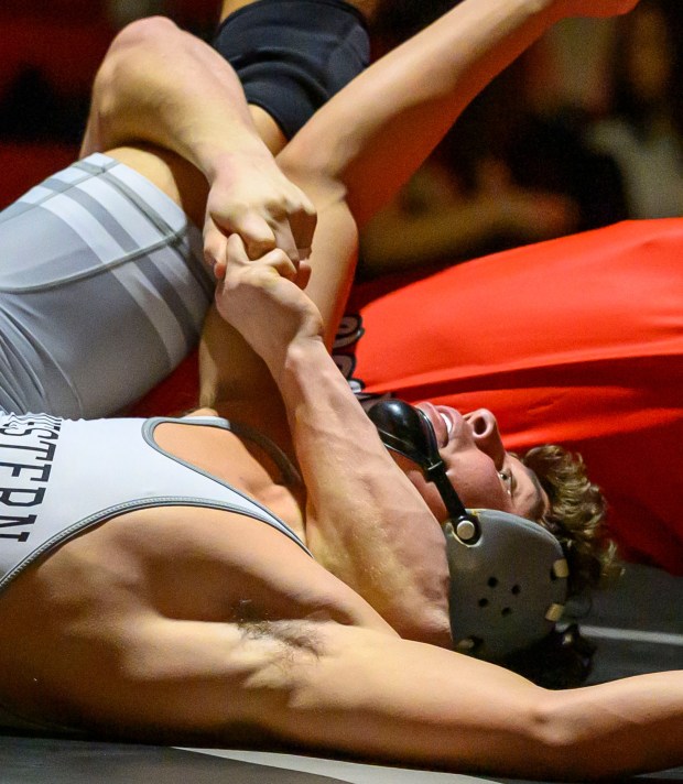 Saucon Valley's Ashton Beckowski wrestles Northwestern Lehigh's Braydon Uricchio in the 152-pound weight class Wednesday, Jan. 14, 2026, at Saucon Valley High School gym. (April Gamiz/The Morning Call)