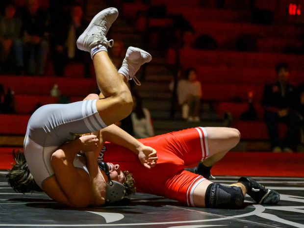 Saucon Valley's Ashton Beckowski wrestles Northwestern Lehigh's Braydon Uricchio in the 152-pound weight class Wednesday, Jan. 14, 2026, at Saucon Valley High School gym. (April Gamiz/The Morning Call)
