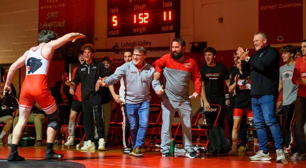Saucon reacts after Saucon Valley's Ashton Beckowski wrestles Northwestern Lehigh's Braydon Uricchio in the 152-pound weight class Wednesday, Jan. 14, 2026, at Saucon Valley High School gym. (April Gamiz/The Morning Call)