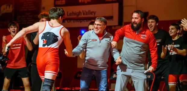 Saucon reacts after Saucon Valley's Ashton Beckowski wrestles Northwestern Lehigh's Braydon Uricchio in the 152-pound weight class Wednesday, Jan. 14, 2026, at Saucon Valley High School gym. (April Gamiz/The Morning Call)
