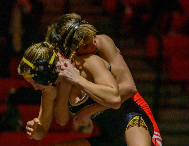 Saucon Valley's Gavin Chunko wrestles Northwestern Lehigh's MacKenzie Case in the 114-pound weight class Wednesday, Jan. 14, 2026, at Saucon Valley High School gym. (April Gamiz/The Morning Call)